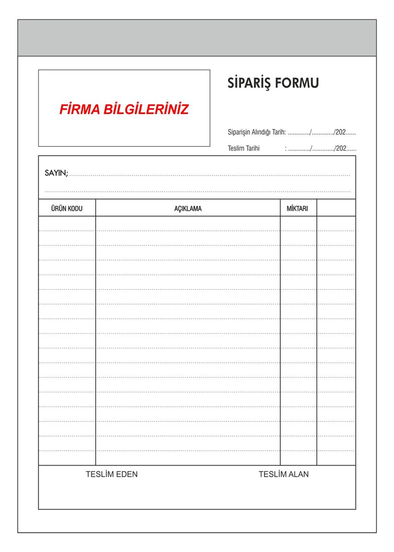 Firmaya özel baskılı sipariş formu örneği